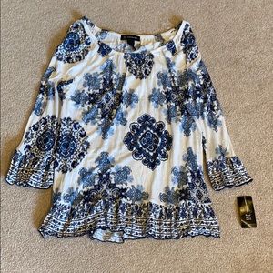 INC blue patterned scoop neck top